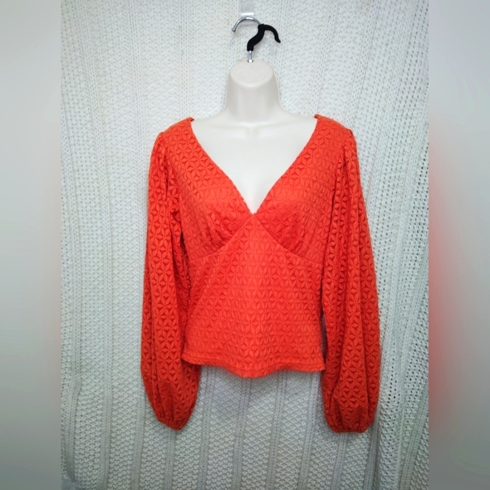 Women's Orange V-Neck Textured Long Sleeve Top